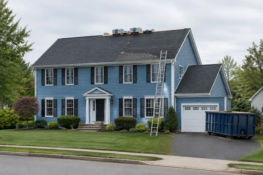 Colonial house with a roof replacement half finished with new architectural shingles