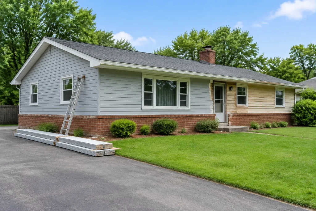 Ranch house with new gray vinyl siding installed over half of its wall