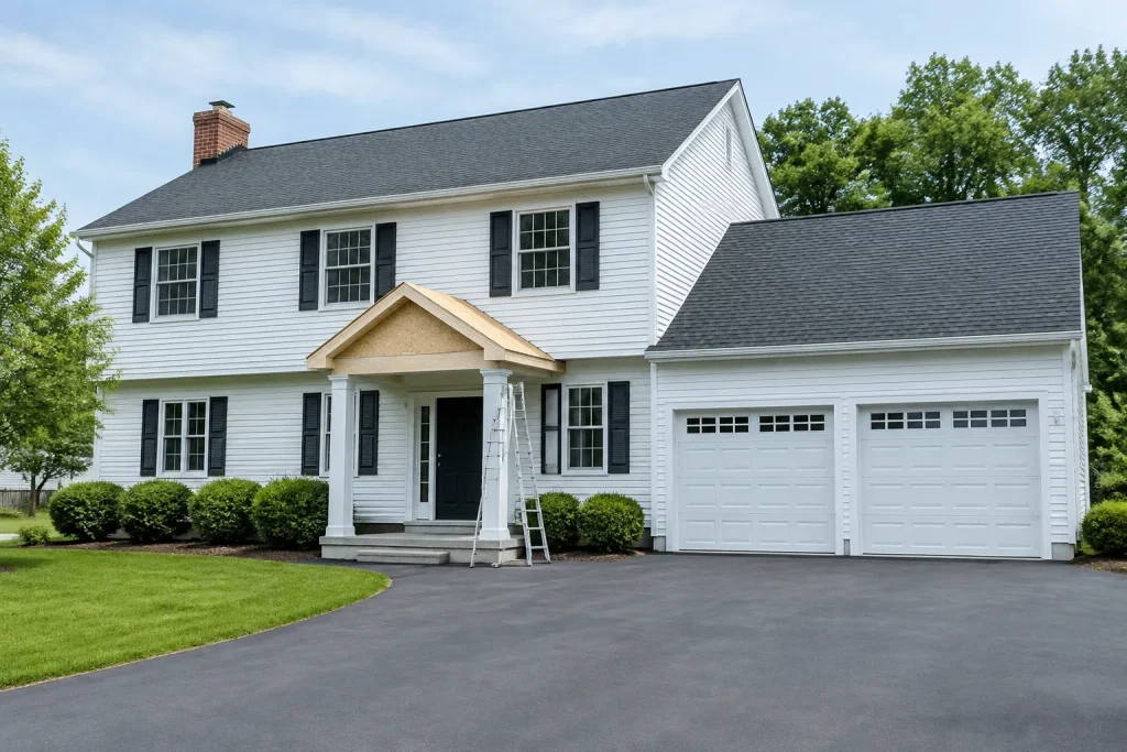 Two-story colonial house with a new front entry portico under construction
