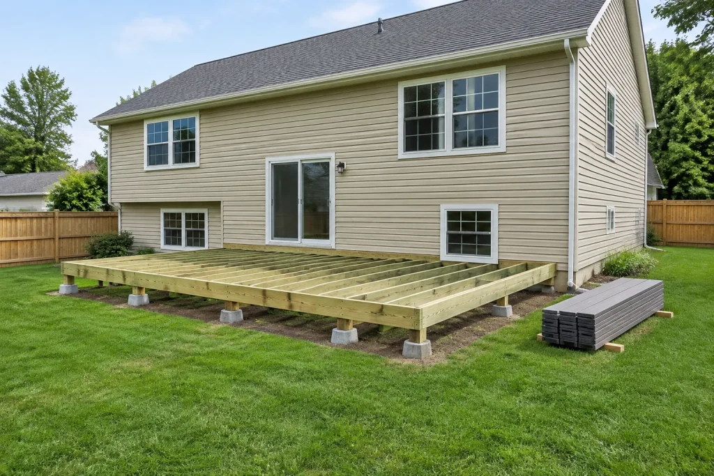 Raised ranch house with the framing of a new rear deck in place