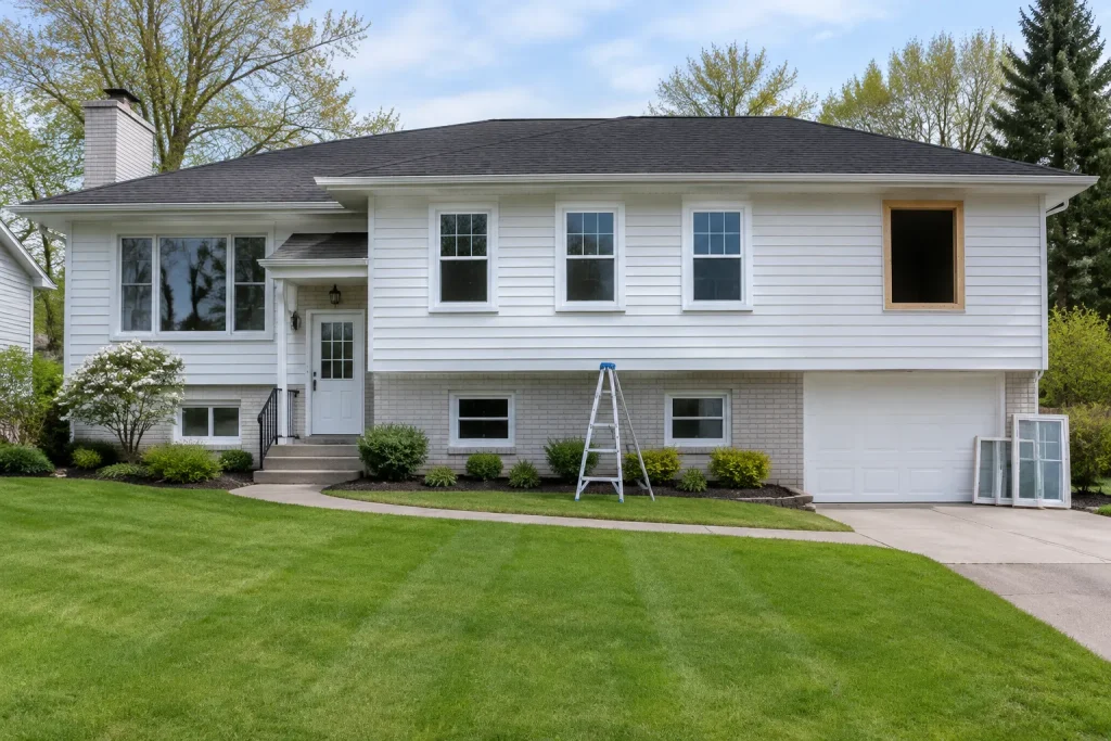 Split-level house with new replacement windows being installed