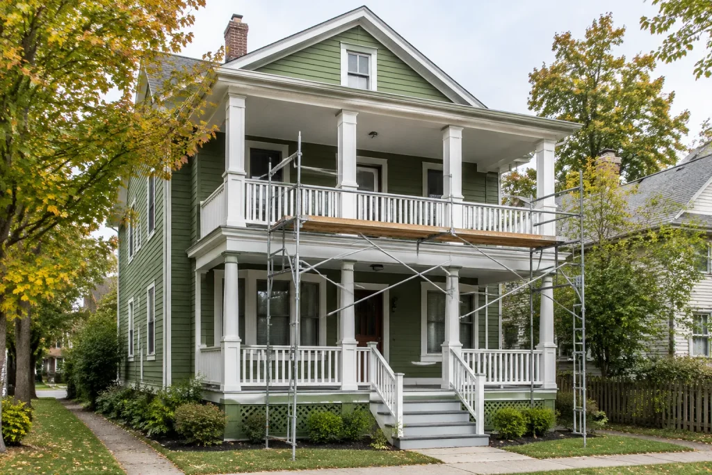 Two-family house with stacked front porches getting new columns and railings