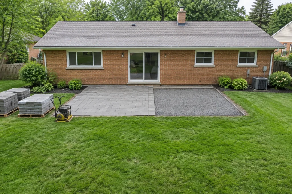 Brick ranch house with a new paver patio being laid behind it