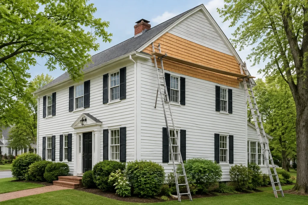 Colonial house with its gable end being re-clad in new cedar shingles