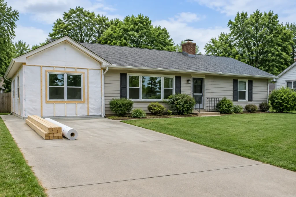 Ranch house with its attached garage being converted into living space