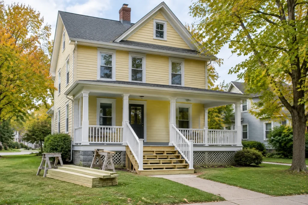 Early 1900s wood-frame house with its front porch steps and railings being rebuilt