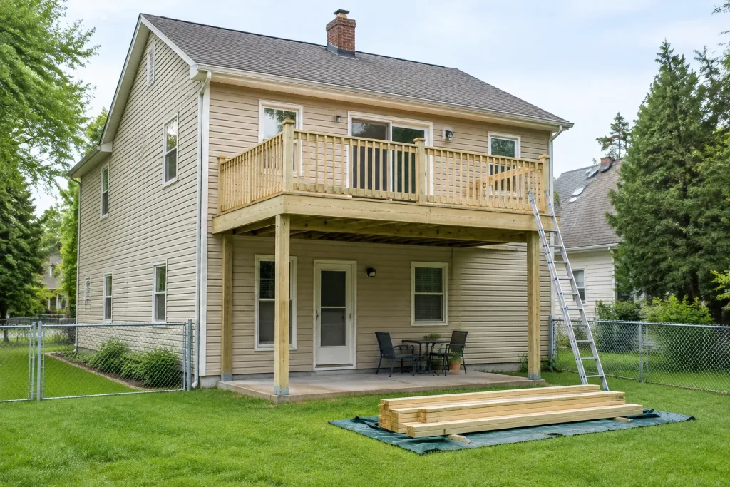 Two-family house with its second-floor rear balcony being rebuilt