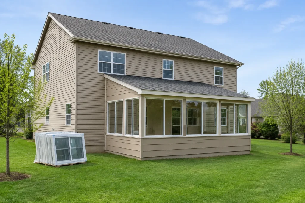Two-story house with a new rear sunroom addition under construction