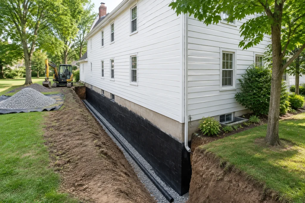 Older house with its foundation excavated and waterproofed along one side