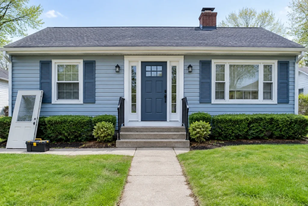 Small 1950s house with a newly installed front entry door and sidelights