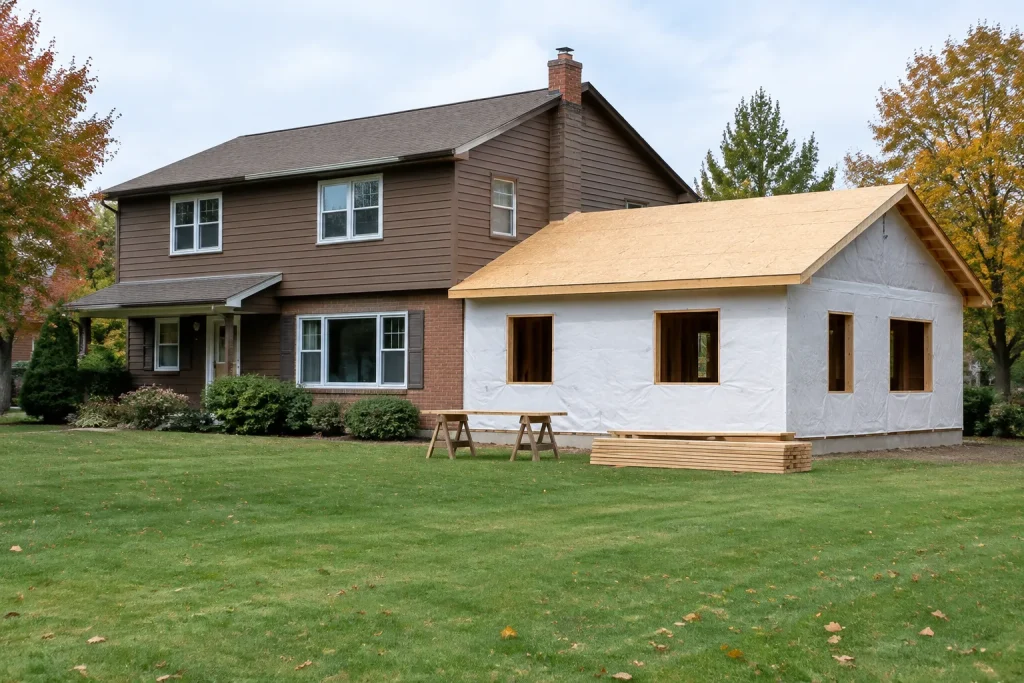 Bi-level house with a new single-story side addition under construction
