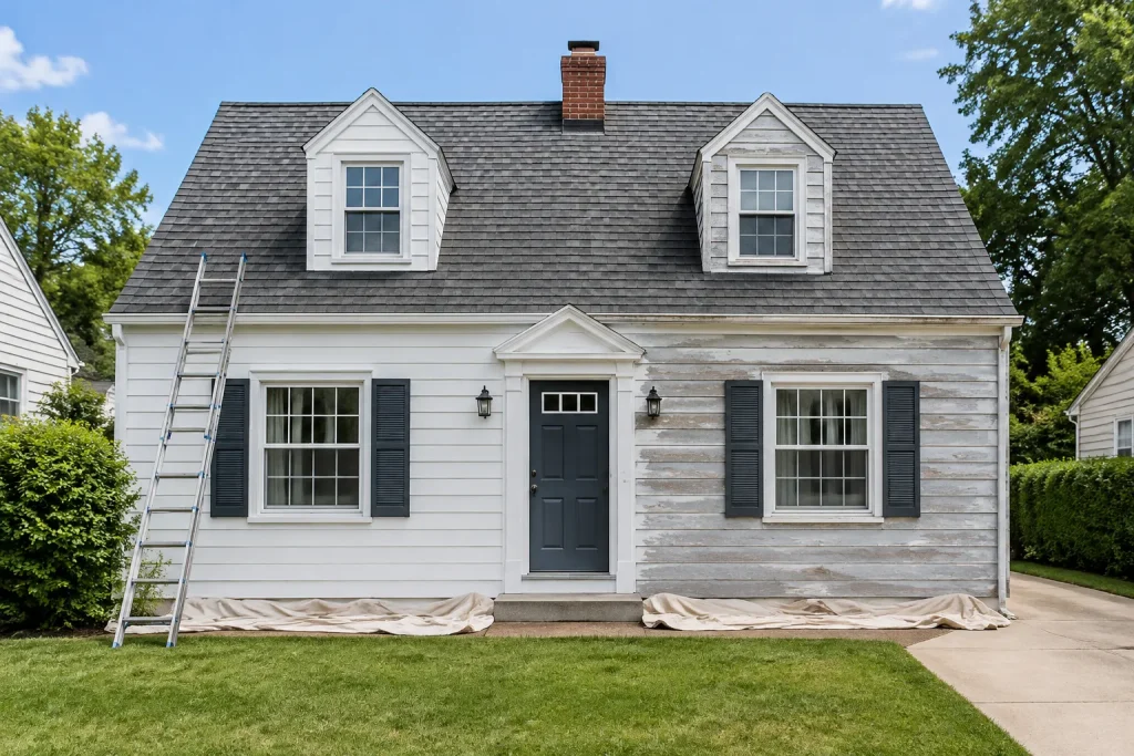 Cape Cod house with its exterior siding half repainted