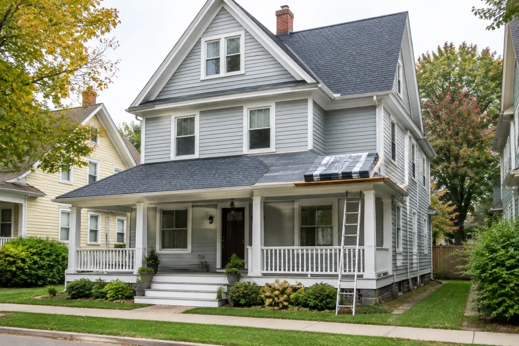 Older village house with its front porch roof being re-shingled