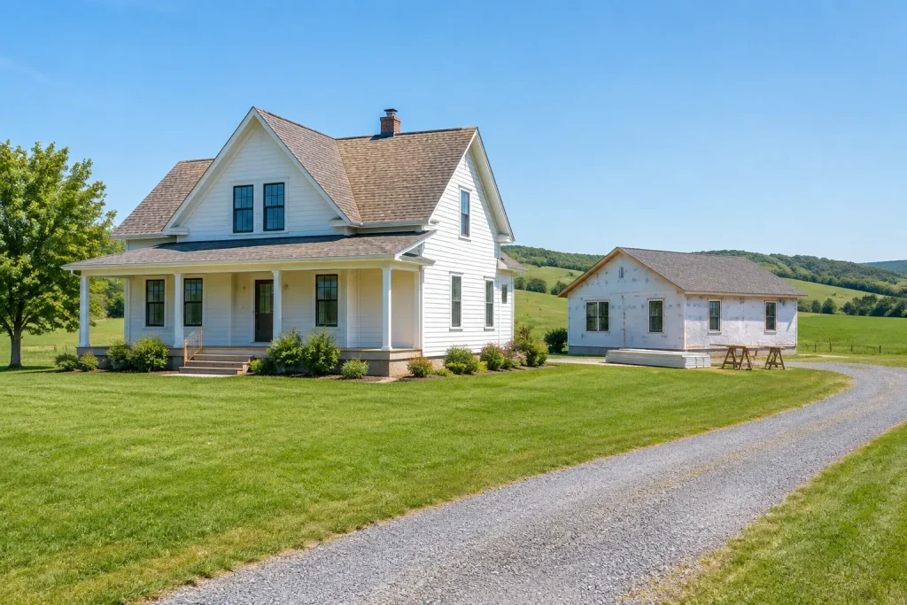 Small accessory dwelling unit being built behind a rural farmhouse-style home