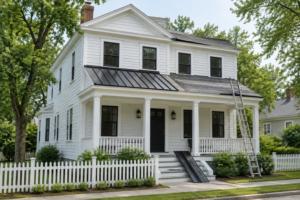 Greek Revival style house getting a new standing-seam metal porch roof