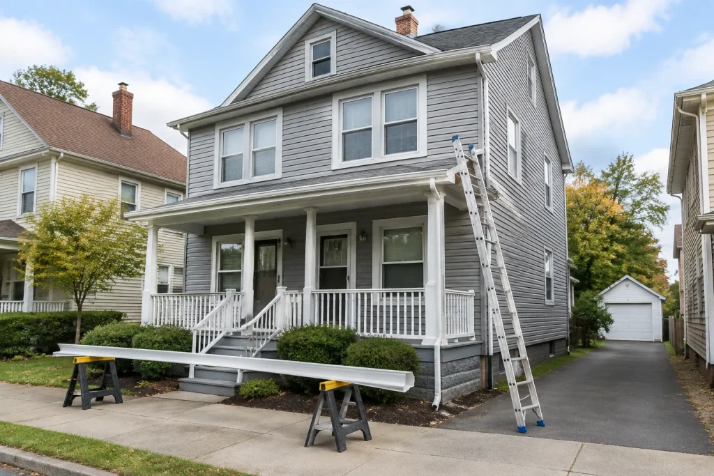 Two-family house getting new seamless gutters and downspouts