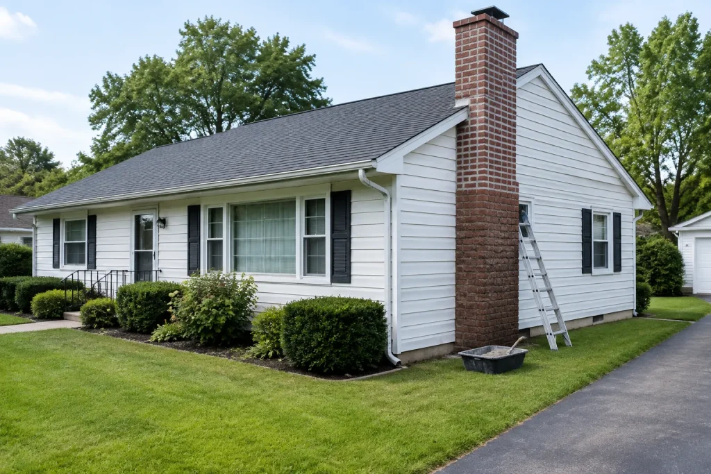 Mid-century ranch house with its brick chimney being repointed